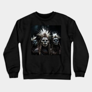 amazon tribe with white jasper masks dark background Crewneck Sweatshirt